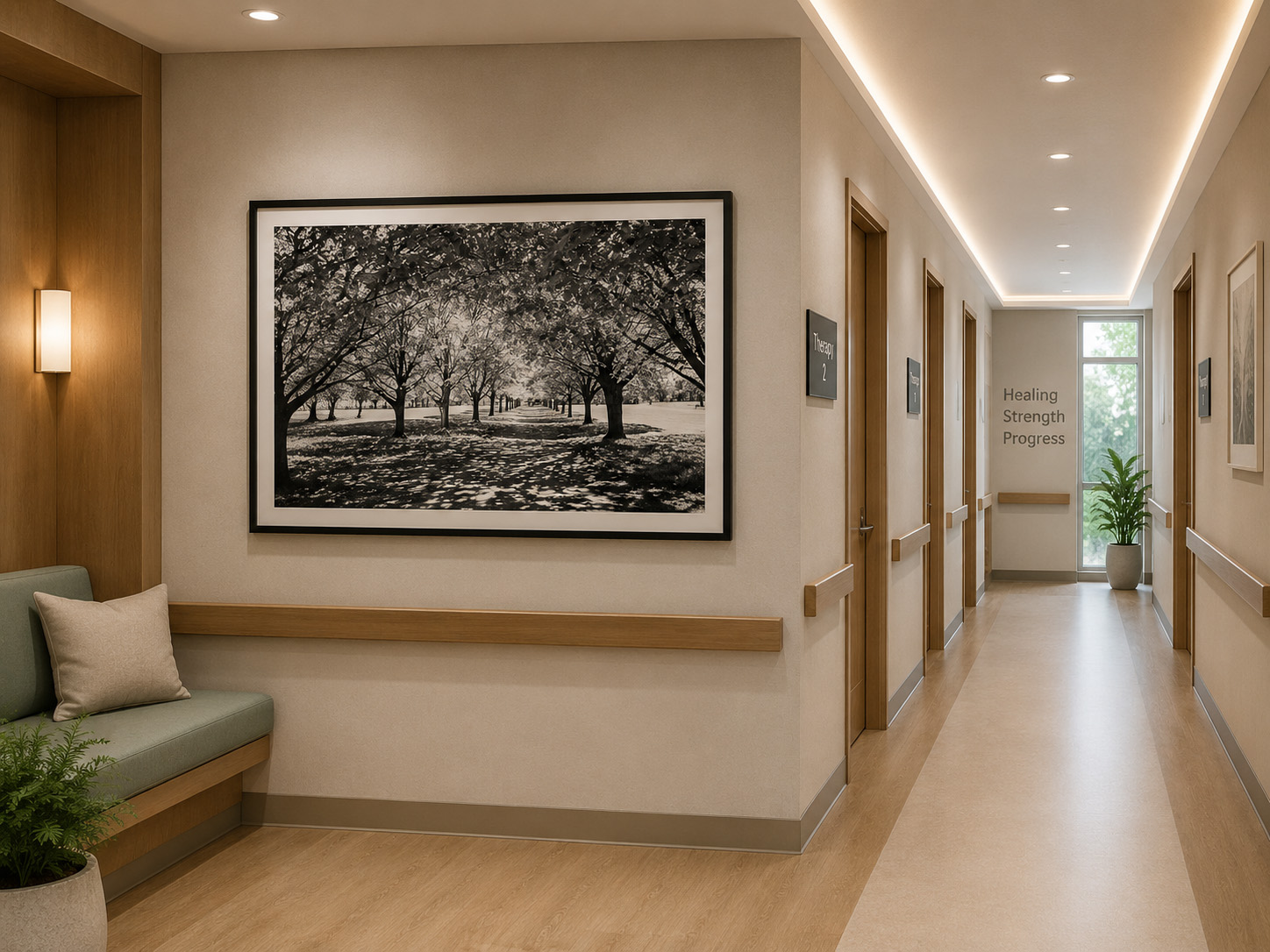 Rehabilitation corridor with framed black and white tree pathway photography by Dan Sproul